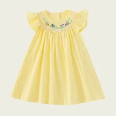 子供服　ベビー服　双子　女の子　ワンピース　スモッキング ドレス 刺繍入り 　黄色い　 90 100 110 120　130 キッズ服　お姫様　発表会　結婚式　旅行着　普段着　 総柄 子供ドレス カジュアル 丸襟 ガールズ　おでかけ 春 夏 秋