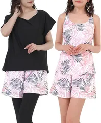 Sweet Passion(スウィートパッション) 水着 レディース 5点セット ヨガ タンキニ Tシャツ パンツ レギンス ショーツ ピンクリーフ x ブラック( ピンクリーフ x ブラック,  2L)