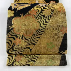 【美品】 袋帯 秀品 振袖向き 梅 蝶 金糸 箔 金色 六通 正絹 【中古】