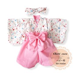 ベビー袴＆ヘアリボンセット　ハンドメイド　60-70size 小花柄×ピンク