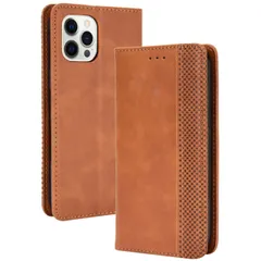 iPhone15 Pro Max ケース 手帳 アイフォン15 プロマックス  チェック柄 合革 レトロ 手帳 ケース 【Color】 キャメル