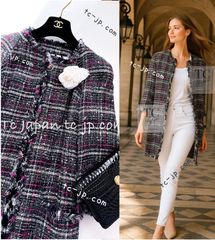 シャネル コート CHANEL ネイビー ピンク ビッグCC ボタン春夏 サマー ツイード ロング ジャケット 美品 34 カールラガーフェルド 貴重レア