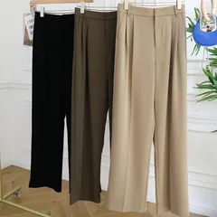 ワイドレッグロングパンツ レディース 韓国 韓国ファッション パンツ ワイドパンツ スラックス タック ハイウエスト ボトムス ストレート 骨格ストレート オフィス カジュアル 上品 大人 きれいめ S M L 　OC-0008