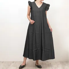 ☆ ブラック ☆ Mサイズ ☆ デニムワンピース レディース デニムワンピース レディース ワンピース ロングワンピース ロングワンピ デニムワンピ ワンピ デニム ロング丈 ロング フレア袖 Aライン 無地 シンプル Vネック ゆったり 体型カバー