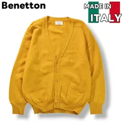 【上質】 イタリア製 ベネトン Benetton ラムウール ニット カーディガン ミドルゲージ 50 L相当 マスタード メンズ