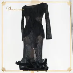 社交ダンス ラテン ドレス ラテンドレス ワンピース フリンジ 黒 ブラック系 高級感 上品 軽い 薄い デモ 競技 競技用 ダンス クロッチ 透け感 デザイン 揺れる スカート おしゃれ エレガント 女性用 衣装 フォーマル イベント パーティー
