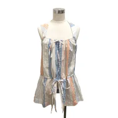 ステラマッカートニー STELLA McCARTNEY ノースリーブブラウス シャツ カットソー チュニック ランダムストライプ ワイドネック リボン 38 白 ホワイト 青 ブルー オレンジのサムネイル