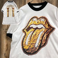 BJJV リンガー Tシャツ ビンテージ 古着 白 黒 ローリングストーンズ リップスアンドタン ゴールド 金 バンド Lサイズ 2503  3500 p10