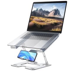 SuperKois ノートパソコンスタンド スマホスタンド付 パソコンスタンド 折りたたみ式 pcスタンド 無段階高さ&角度調整可能 タブレット スタンド 滑り止め アルミ製軽量 安定 高耐荷重 放熱対策 省スペース 人間工学設計 姿勢改善 腰痛＆猫背＆肩 0