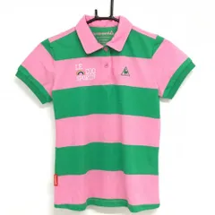 ★特価★【超美品】ルコックスポルティフ 半袖ポロシャツ ピンク×グリーン 太ボーダー 虹刺しゅう レディース M ゴルフウェア le coq sportif