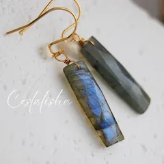 天然石　ブラックラブラドライト　ラブラドライト　レクタングル　サージカルステンレスフックピアス　（イヤリング　14kgfピアス　変更可）