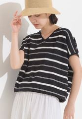 新品　OPTIM(オプティム)　【再入荷】レーヨンナイロンVネックドルマンニット接触冷感 春夏　ボーダー　半袖　ブラック　涼しい　Vネック