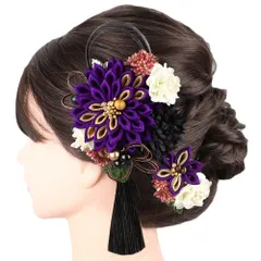 髪飾り 成人式 つまみ細工 水引 シフォンジョーゼット パールビーズ 房 ゴールド 振袖 前撮り 袴 花 葉 紫 黒 ダークグレー 紫 No.9-5552