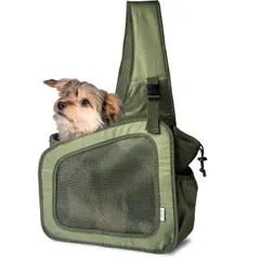 ★即日発送★dot. ペット スリング 抱っこ紐 小型犬 猫 5kg未満 キャリーバッグ 斜めがけ バッグ キャリー 軽量 コンパクト 抱っこ ポケット 飛び出し防止 リード 2wayマット リップストップ お散歩 犬用 猫用 (カーキ Msize)