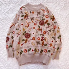 一点物 総刺繍 ボタニカル ハイネックニット ベージュ/マルチカラー