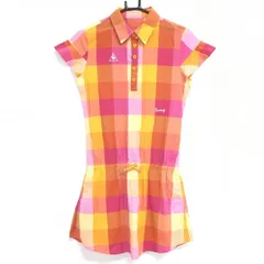【超美品】ルコックゴルフ 半袖ポロワンピース オレンジ×ピンク チェック  レディース M ゴルフウェア le coq sportif