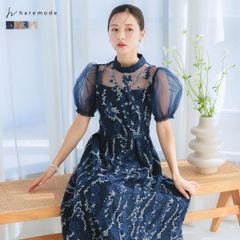 ドレス 結婚式 オケージョンドレス パフスリーブ ワンピース パーティードレス ミモレ丈 フォーマル 20代 30代 レディース haremode 324242
