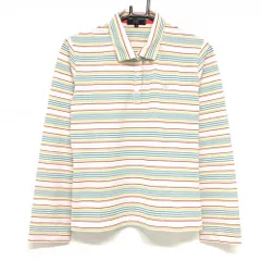 23区スポーツ 長袖ポロシャツ ライトピンク×マルチカラー ボーダー ロゴ刺しゅう レディース III(XL) ゴルフウェア 23区