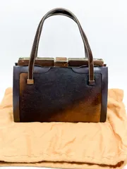 ヴィンテージ調 ハラコ×レザー 口金ハンドバッグ 茶系 25×19×7cm 布袋付 中古