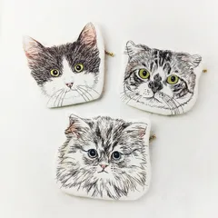 癒しの猫フェイス型フラットポーチ　ハチワレ　スコティッシュ　ペルシャ