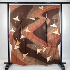 たんす屋 TANSU-YA 中古 リユース着物 振袖 焦げ茶色 赤茶色 フォーマル 地紋織り 金彩 刺繍 鶴 袷 未洗い 【身丈】157cm【裄丈】66.5cm MS2138