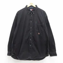 XL/古着 トミーヒルフィガー 長袖 ブランド シャツ メンズ 90s ワンポイントロゴ コットン 大きいサイズ ボタンダウン 黒他 ブラック スト