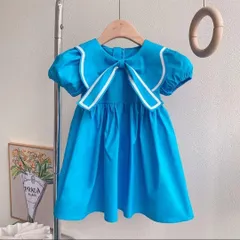 女の子ワンピース　半袖　100　110 可愛い　青　リボン　襟付き　春夏　新作　人気 かわいい　マリンスタイル　きれいめ　パフスリーブ　フレアスカート　ブルー　青　水色　フォーマル　韓国　普段着からよそゆきまで　お呼ばれワンピース　半袖