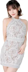 COCO&YUKA(ココアンドユカ) 総レース タイト ミニ ワンピース チャイナドレス 花柄 キャバドレス ノースリーブ ミニワンピ ボディコン パーティー レディース( ホワイト,  S)
