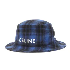 CELINE セリーヌ ハット サイズ:L / ロゴ 刺繍 チェック ウール バケット ハット (2AUO4994R) / ブルー ブラック 青黒 / フランス製 / ブランド 帽子【メンズ】【中古】