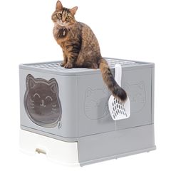 【色:グレー】大きめ 大型 2way出入り方法 脱臭シート付 猫トイレ 猫砂 飛