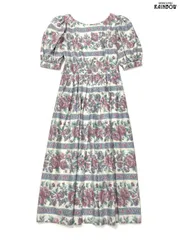 古着 Lang パフスリーブ アメリカ製 花柄 コットン ロング丈 半袖 ワンピース ピンク ベージュ 緑 (otu2406082)