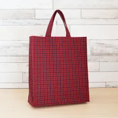 ファミリア風　赤チェック　生成り　タータンチェック　ポケット付き　紙袋型トートバッグ　四角いトートバッグ　トートバッグ　サブバッグ　ハンドメイド