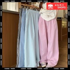 チェック柄 ワイドパンツ ハイウエスト 薄手 レディース ゆったり イージーパンツ ウエストゴム 美脚 脚長 ロングパンツ リラックス カジュアルパンツ 体型カバー おしゃれ オルチャン チェックパンツ 春夏 楽ちん ルームウェア CH80FEIZ-001