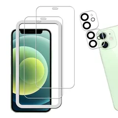 【ガイド枠付き 2+2枚セット】KPNS 日本素材製 強化ガラス iPhone12 mini 用 ガラスフィルム カメラフィルム カバー 保護フィルム 0