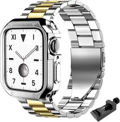 adzu 互換品Apple Watch互換品 ステンレス バンド 保護ケース付き アップルウォッチ用 メタル 腕時計 ベルト SE2 Ultra(シルバー x ゴールド,  49mm)