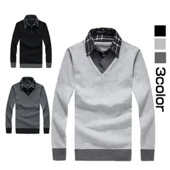 Vネックニットセーター ニット メンズ プルオーバー セーター 重ね着風 ニットウェア Vネック 長袖 無地 トップス 春 メンズファッション おしゃれ かっこいい 大人 シンプル　fkms2