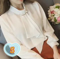 新品 ブラウス 長袖 ボウタイ パール オフィス フォーマル ホワイト 白  S