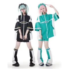 サブカル　4点セット✴︎ ファッション　双子風ユニセックス原宿系セットアップ｜地雷系ストリートコスチューム｜HOTDRY SIS風ジャージ上下コーデ　黒　白　グリーン　渋谷　原宿　2ちゃんねる　ニコニコ　ジャージ　パーカー　アニメ　コスプレ　サイバー