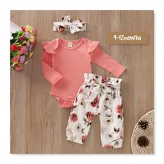 長袖ロンパース＆花柄パンツ＆ヘアリボンset ピンク 9-12months