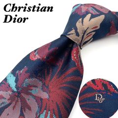 Christian Dior　ネクタイ　ジャガード　ロゴ　ボタニカル柄　和柄　ネイビー　USA製