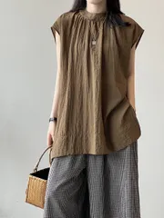 【ブラウン色】チュニック 夏 Tシャツ レディース ノースリーブ プルオーバー トップス 無地 チュニック ギャザーのデザイン ナチュラル 体型カーバー 大人かわいい シワ加工 涼しい おしゃれ ▼3カラー
