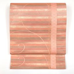 リユース帯 袋帯 ピンク カジュアル 切箔 色糸 横段 唐草 麻の葉 六通 未洗い MS1443