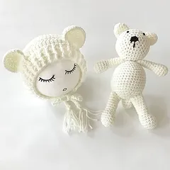 TradeWind 赤ちゃん 新生児 ニューボーンフォト コスチューム 撮影 ニット帽 ぬいぐるみ 着ぐるみ 出産祝い 初孫祝い 2点セット(ホワイト,  0-3)