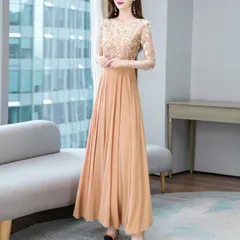 【ベージュ★Ｌ】Ａライン  マキシ丈フレア ドレス ワンピース　Aライン フレア　体型カバー　大きめ　ゆったり