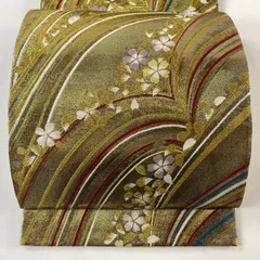 【美品】 袋帯 秀品 虹彩 桜 花びら 箔 唐織 金色 全通 正絹 【中古】