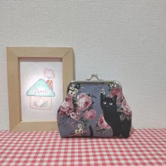 がま口（黒猫ちゃんと薔薇＊ブルーグレー）