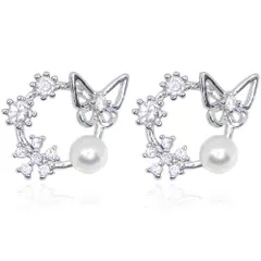 淡水真珠&蝶々 ジルコニア CZダイヤモンドピアス プラチナ仕上 シルバー925 レディース イヤリング化可 アクセサリー ジュエリー プレゼント
