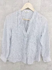 ◇　◎ NIMES ニーム ストライプ　フリル 長袖 シャツ ホワイト　ネイビー レディース 【中古】 【1002800985715】