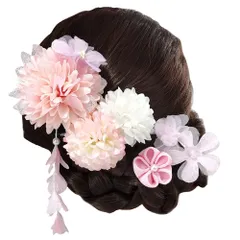 [OTAKUMARKET] 髪飾り 浴衣 七五三 成人式 髪 飾り 4点セット 花 袴 着物 振袖 和装 卒業式 結婚式 髪留め 高級造花 ヘアアクセサリー 4カラー (ピンク)