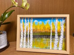 绘画「美しい白樺の風景」アクリル絵/新品額縁